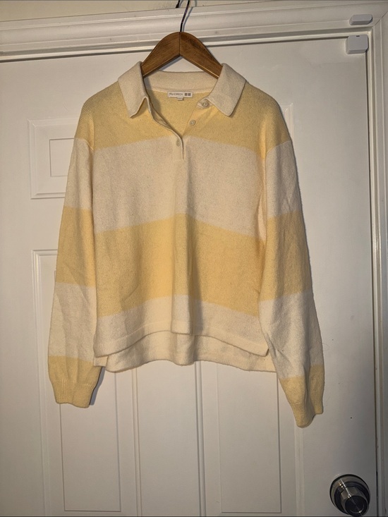 Madewell Sweaters - Madewell Pale Yellow and Cream Striped 100% Wool Polo Sweater. Sz L